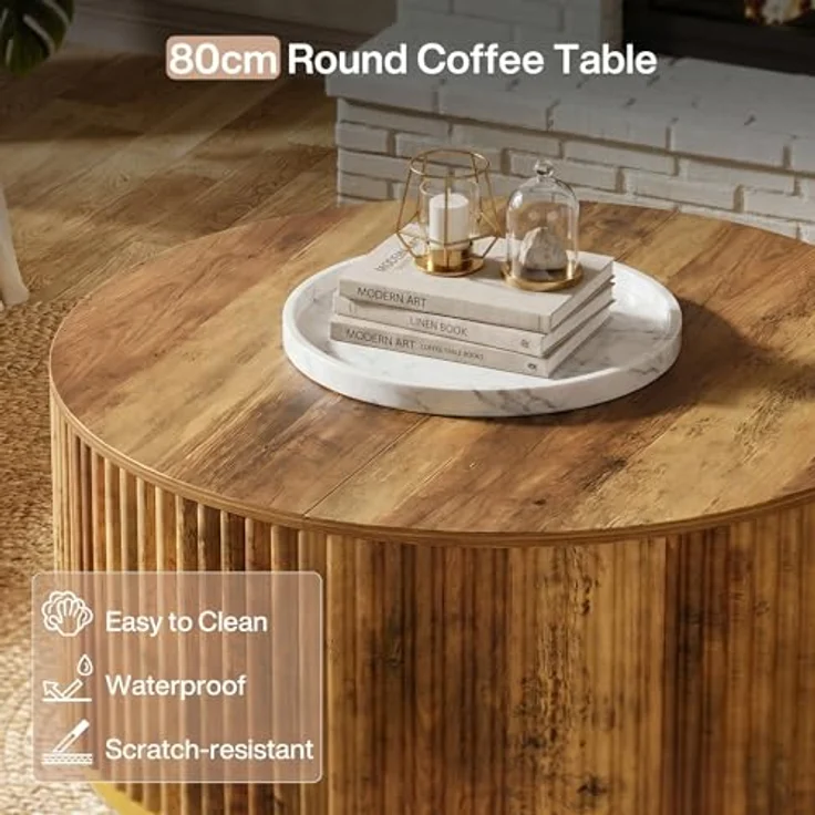 LITTLE TREE Runder Couchtisch, Gerilltes Holz mit Goldenem Metallsockel, 80 cm Durchmesser, Rustikales Braun, Massivholz, Mid-Century Modern für Wohnzimmer – Bild 4