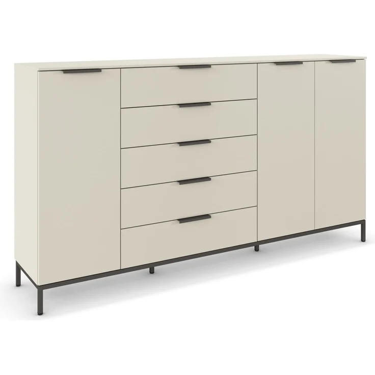 Rauch Möbel Flipp, Nachttisch für Schlafzimmer, Kinderzimmer, Wohnzimmer, Flur, Garderobe, 3-türig, 5 Schubladen, mit Softclose-Funktion, Griffe und Metallkufe Graphit, Farbe Beige, Breite 199 cm – Bild 1
