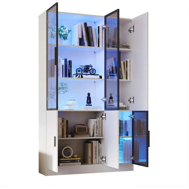 N625P3142394041W,Glasvitrine Glasschrank Tür 200cm hoch Vitrinenschrank mit LED Lichtern,MultiStorage Bücherregal für Sammlung Schlafzimmer Wohnzimmer Büro,Schrank mit Glastür mit Aluminiumrahmen – Bild 9