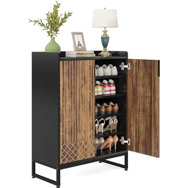 LITTLE TREE Shoe Cabinet for Entryway, 5-Tier Shoe Cabinets with Doors, Industrial Shoe Storage Cabinet, 25 Pairs Wooden Shoe Cabinets for Living Room, Bedroom, Hallway, Black and Brown