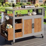 Merax Servierwagen Outdoor Grillablagetisch Grillwagen mit Arbeitsplatte aus Edelstahl(1 St), Garten Beistelltisch mit ausziehbarer Seitenablage & Haken, Massivholz