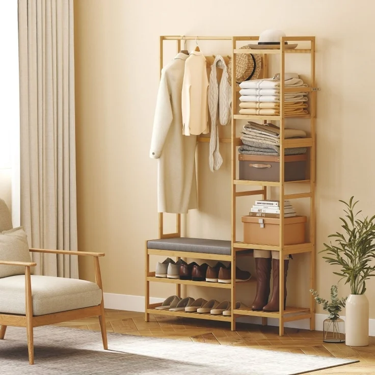 Garderobenständer 104x33x175 cm aus Bambus, mit Sitzbank, Schuhschrank und 10 Haken – Bild 2