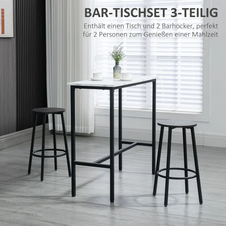 Bartisch mit Barhocker Set, 3-teiliges Bartisch Set, Esstisch mit 2 Barhocker, Essgruppe, Stehtisch, Küchentisch, Stahl, Weiß, Schwarz--Weiß--100x40x90cm--YOUDENOVA – Bild 4
