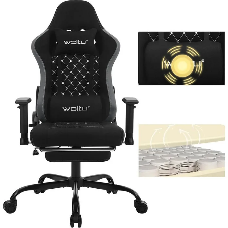Woltu Gaming-Stuhl (1 St), ergonomisch, Kopfstütze, Fußstütze, Lendenkissen, Tech-Stoff