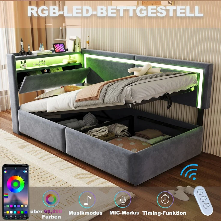 EINHOM Polsterbett Schlafsofa 90 x 200 cm, Samt, mit LED-Beleuchtung und USB-Ladeanschlüssen, Kopfteil Lässt Sich zum Verstauen Öffnen, Hydraulisches Stauraumsystem unter dem Bett, Grau, (Ohne Matratze) – Bild 6