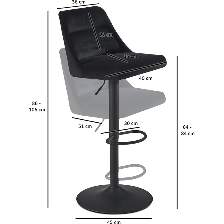 FineBuy Barhocker Samt Hocker mit Lehne 86 - 106 cm, Küchenhocker Höhenverstellbar Modern 100 kg, Design Barstuhl Tresenhocker mit Metall-Trompetenfuß, Bistrohocker Gepolstert – Bild 3