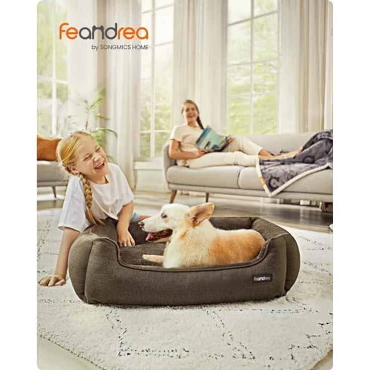 Feandrea Hundebett, Hundekissen in Leinenoptik, Hundekorb, erhöhte Ränder, rutschfeste Unterseite, Bezug abnehmbar waschbar, L, für mittelgroße Hunde, 90 x 75 x 25 cm, braun PGW11CC – Bild 3