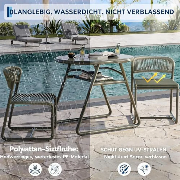 GarveeHome Bistrotisch mit 2 Stühlen, Modernes 3-teiliges Bistro-Set für Garten, Balkonmöbel Set mit 80cm Tisch&2 Stühle aus wetterfestem, Terrassenmöbel Möbel Set für Kleinen Balkon（Graugrün） – Bild 5