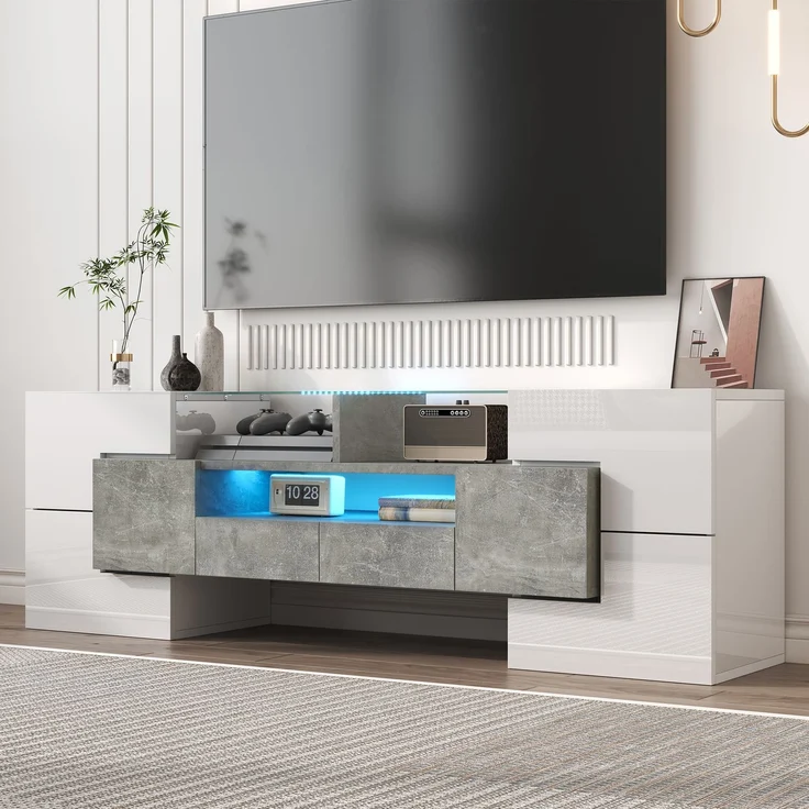 TV-Schrank 145 cm Hochglanzweiß und Beton mit LED-Beleuchtung, 6 Türen, 2 Schubladen, 3 offene Fächer – Bild 7