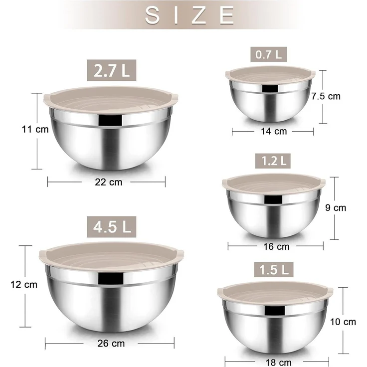 Homikit Edelstahl Rührschüssel Set 5tlg. Luftdicht Deckel 4.5L 2.7L 1.5L 1.2L – Bild 2