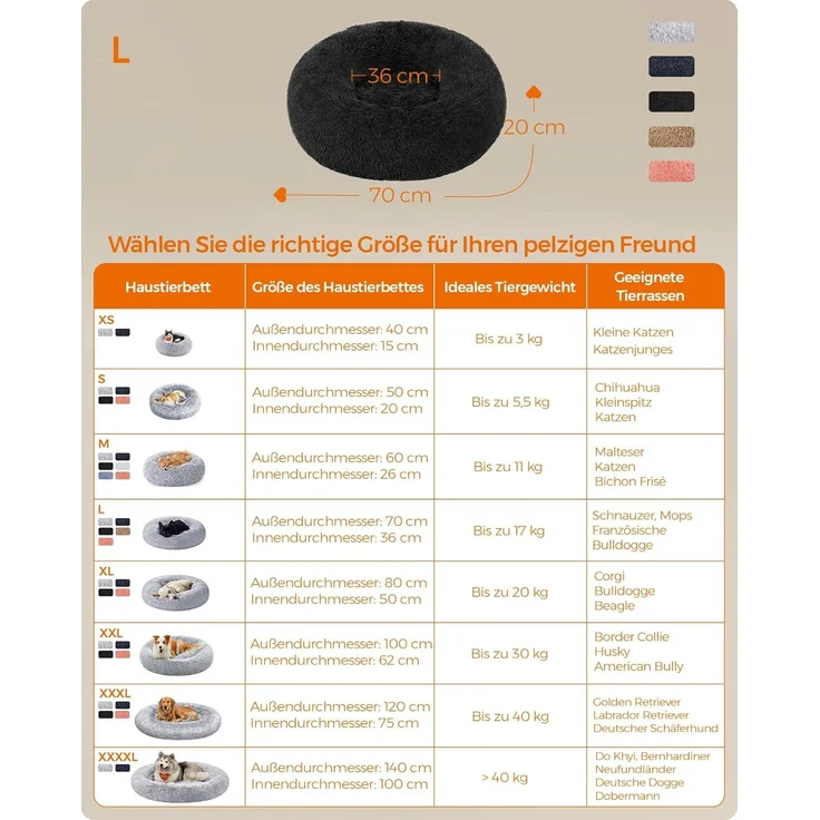 Feandrea Hundebett flauschig, Katzenbett, Donut Kissen, waschbar, Polsterung in der Mitte herausnehmbar, Langer Plüsch, 70 cm Durchmesser, tintenschwarz PGW039B01 – Bild 6