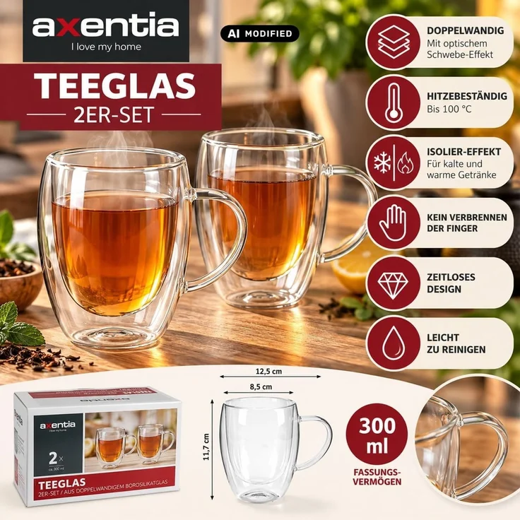 axentia Teeglas 2er Set Teegläser mit Hengel Henkelglas Trinkglas Trinkgläser, Borosilikatglas, doppelwandig isoliert, mit optischem Schwebe-Effekt – Bild 2