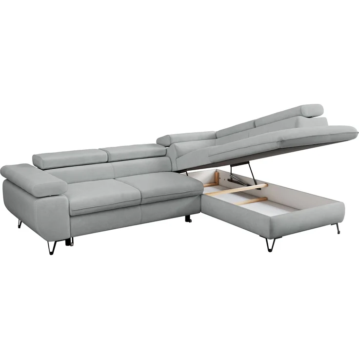 Mks Möbel 'Peter L-form' Ecksofa mit Bettfunktion, Bettkasten & einstellbaren Kopfstützen, Hellgrau, Mikrofaser, mit Topper, rechts – Bild 5