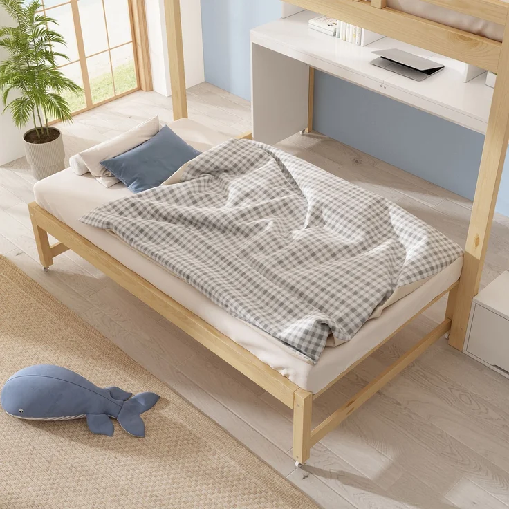 Bett Etagenbett 90x200 + 90x190 cm mit ausziehbarem Bett, Schreibtisch und Stauraum, ohne Matratze – Bild 9