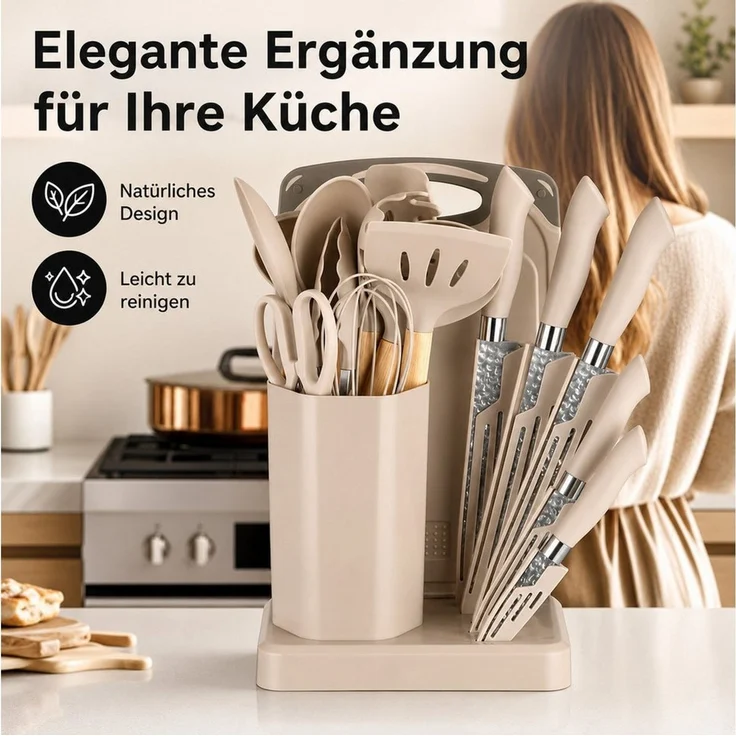 Diyarts Kochbesteck-Set (für beschichtete Pfannen, inklusive Kochmesser, Beige 23-teilig, Grün, Weiß und Schwarz je 20-teilig), Schonende Silikon-Küchenhelfer mit Holzgriffen & Messer im Set – Bild 3