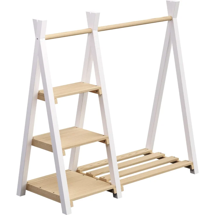Bellabino 'Ryck' Tipi Kleiderstange mit 3 Regalen, Kiefer Massivholz, weiß/natur, 112x48x112 cm, Kindergarderobe mit Schuhablagefläche – Bild 2