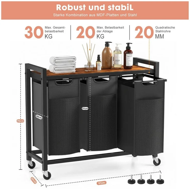 SURFOU Wäschekorb mit Rollen Wäschesammler Beweglicher Wäschewagen (3 St, mit Ablage Wäschebox Wäschesack aus Oxford-Gewebe Waschesammelboxaus), aus Oxford-Gewebe Abnehmbar, Metallrahmen – Bild 2