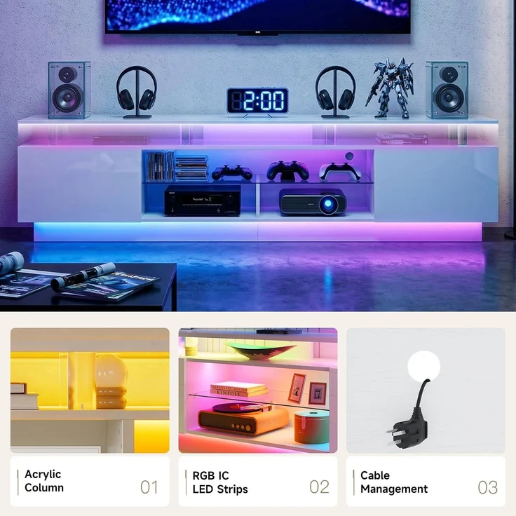 Aoxun 200 cm Fernsehstand, mit 2 Seitenkabinett, Moderner Stilvoller TV-Console mit LED Leuchten, Gaming-Fernseh-Medienconsole mit Verstellbarem Glasregal, Fernbedienung & APP-Steuerung, Weiß – Bild 4