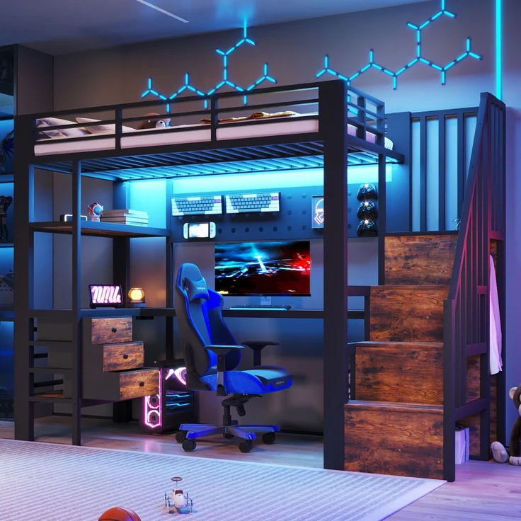 Merax Hochbett, Kinderbett 90 x 200 cm, Einzelbett, Metallbett, mit Ablagefläche, Schublade, Lochwand, Tisch, Steckdose, LED-Licht, ohne Matratze, Schwarz – Bild 1