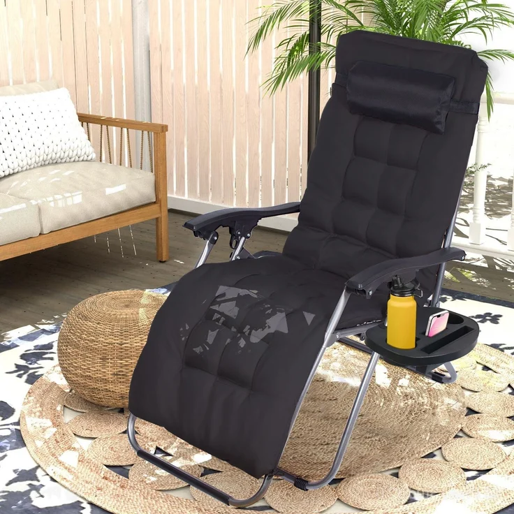 Todeco Liegestuhl klappbar mit abnehmbarem Auflage-Polster, 2 in 1 Sonnenstuhl mit Kopfkissen, Getränkehalter, Verstellbar Rückenlehne, Strandliegestuhl leicht für Camping Garten Strand Pool, Schwarz – Bild 1