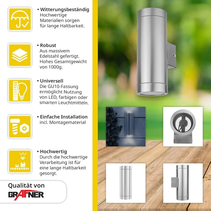 Grafner Außen-Wandleuchte Wandlampe Edelstahl Leuchte Lichtschein Up Down Oben Unten, ohne Leuchtmittel, Maße: ca. 10,5 cm x 7,6 cm x 21 cm – Bild 3