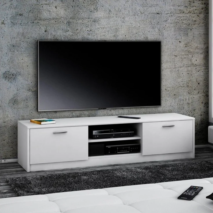 Home Collective TV-Schrank 160cm breit Lowboard mit matter Oberfläche Fernsehtisch (abgerundete Kante und Metall-Rollschienen Fernsehkommode) mit 2 Türen und 2 Regalen, aus laminiertem Board weiß – Bild 2