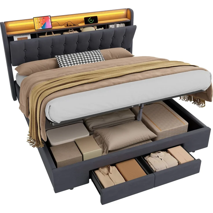 Polsterbett 180 x 200 cm, Samt, mit Bettkasten, Schubladen, USB-Anschluss und LED-Beleuchtung, Dunkelgrau – Bild 6