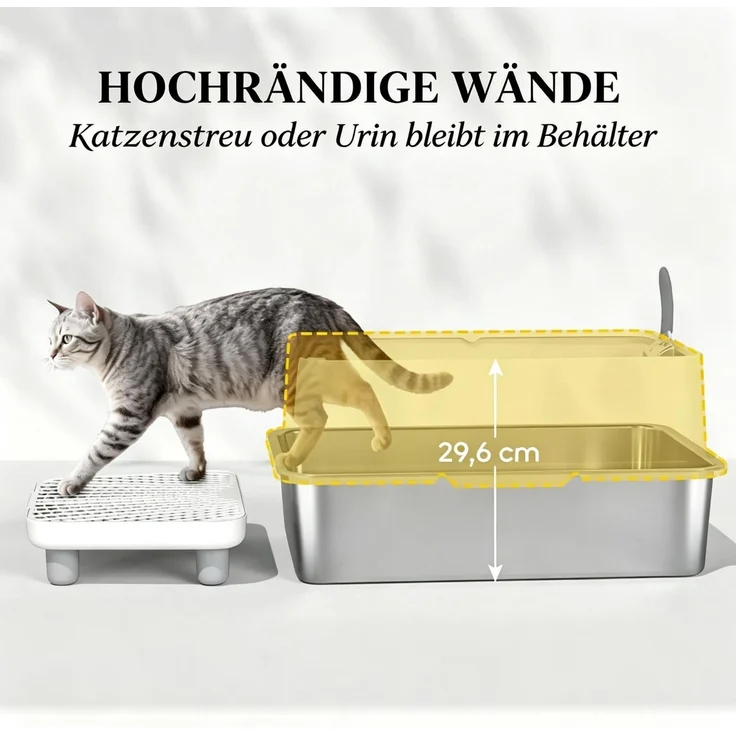 Katzenklo aus Edelstahl mit hohen Seitenwänden, Filtermatte, 60,2x40,2x29,6 cm, Silber/Grau – Bild 5