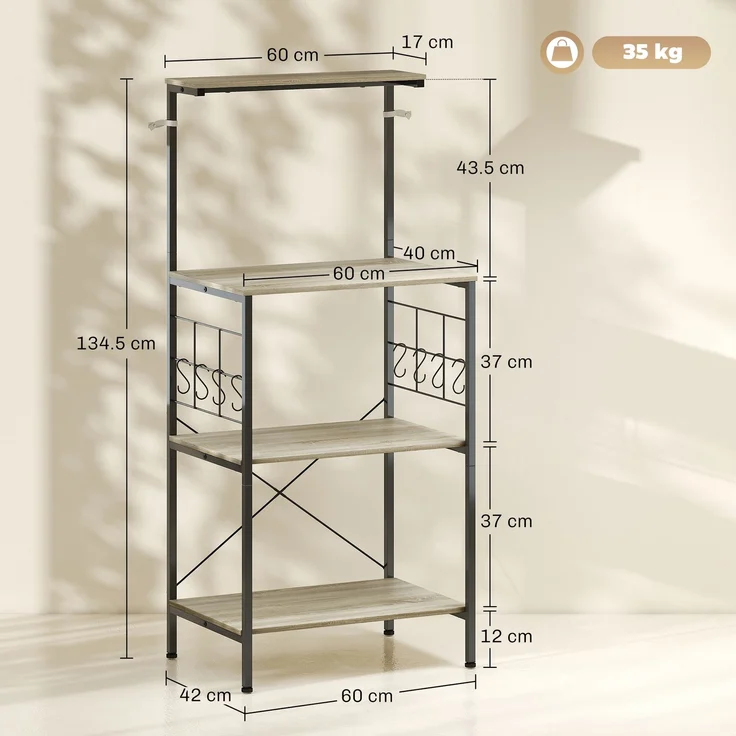 4-stöckiges Küchenregal mit Gitterwänden und 8 Haken im Industrial-Stil, 60 x 42 x 134,5 cm, Eiche – Bild 5