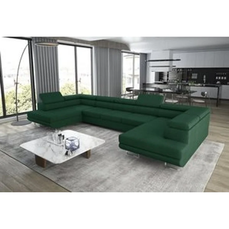 thematys Ecksofa Aston U 403 x 203 cm, mit Schlaffunktion, mit Bettkasten, mit verstellbaren Kopfstützen, Grün (Poso 14), Ausrichtung 390 cm – Bild 7