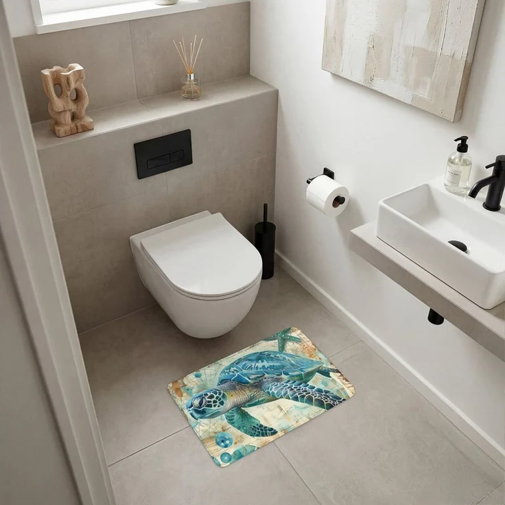 OnlyWow WC-Vorleger Vintage - Schildkröte - Meerestiere - Aquarell, Höhe 10 mm, Polyester, Rechteckig, WC Teppich, Toilettenvorleger, Toilettenteppich, Badematte 40x60 cm – Bild 2