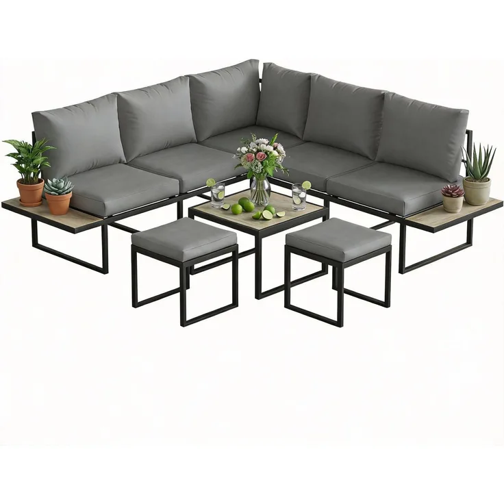 Modulares Gartenmöbel-Set für 6 Personen mit Couchtisch und seitlichen Ablageflächen aus PSPC-Holz, 10 cm dicke graue Kissen