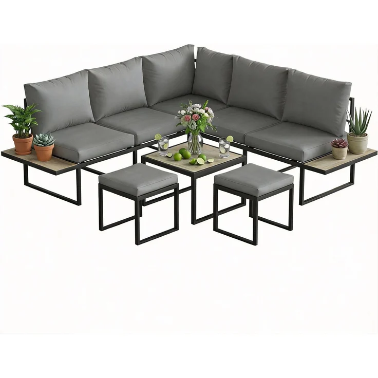 Modulares Gartenmöbel-Set für 6 Personen mit Couchtisch und seitlichen Ablageflächen aus PSPC-Holz, 10 cm dicke graue Kissen – Bild 1