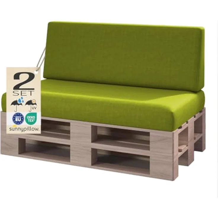 sunnypillow Palettenkissen mit abnehmbarem Bezug UV - beständig Outdoor wasserdicht Kaltschaum Palettenauflage Palettenpolster Palettensofa Sitzkissen Rückenlehne 2er Set 120x80 Grün – Bild 1