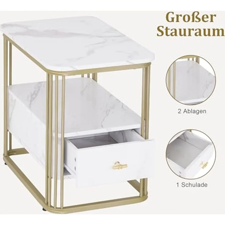 M MCombo Beistelltisch mit Schublade, Modern Sofatisch Marmor Weiß Gold, Klein Kaffeetisch Metallgestell, Nachttisch mit 2 Ablagen, Couchtisch für Wohnzimmer, 60x40x55, 2138 – Bild 4