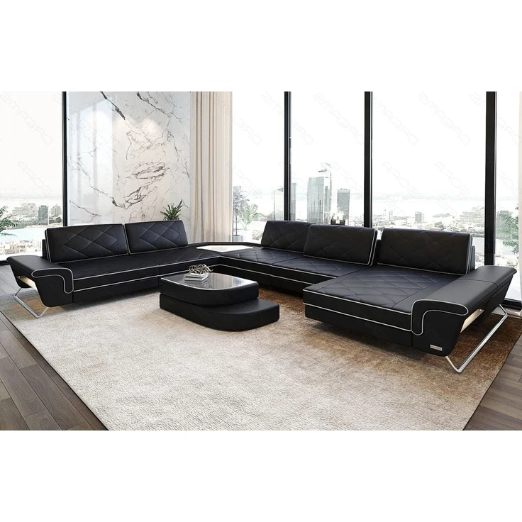 XXL Wohnlandschaft Ferrara – Leder Luxus - Echtleder - schwarz-weiß - Rechts – Bild 2