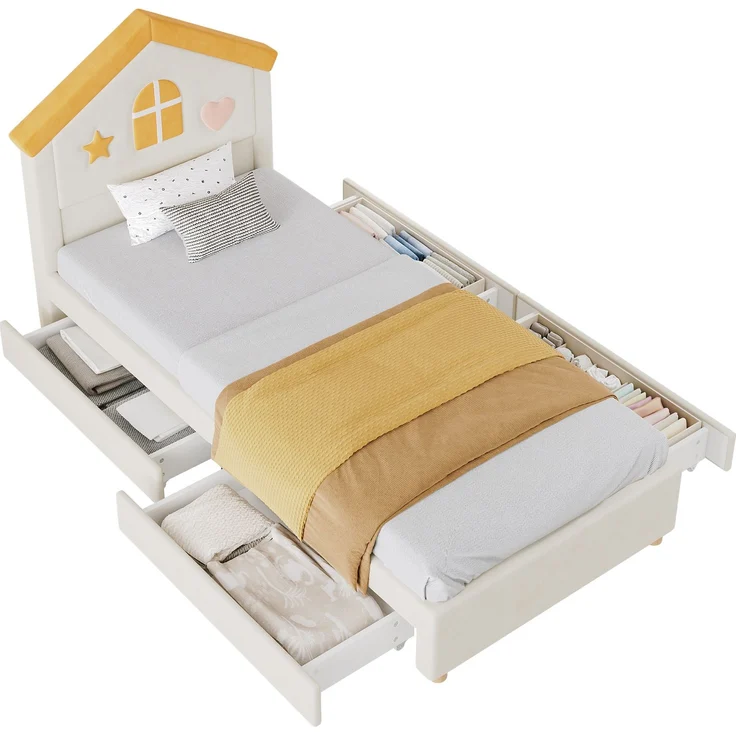 Merax Kinderbett, 90x200 cm, Polsterbett, mit 4 Schubladen, Stauraumbett für Kinderzimmer, Jugendbett mit französischem Samt, gepolstertes Bett mit Haus-Kopfteil, Beige – Bild 10