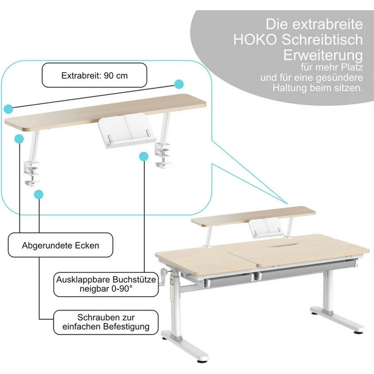 HOKO Kinderschreibtisch höhenverstellbar für Kinderzimmer (Kinderschreibtisch, mit 80x40 cm neigbarer Tischplatte, Buchstütze und 2 Schubladen), 120x60 cm Arbeitsfläche, für Kinder ab 6, Holzoptik, CELIN & ALVO – Bild 4