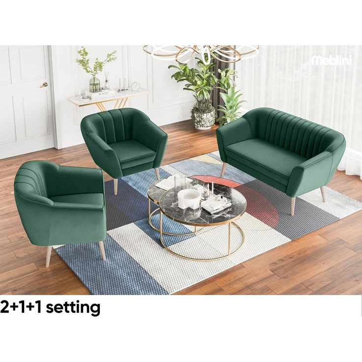 MEBLINI Sofa Sessel für Wohnzimmer 2er Set - Mini Lounge für zwei Personen - Sitzgarnitur - Polstergarnitur - KAIA - 1+1 - Grün Samt – Bild 4
