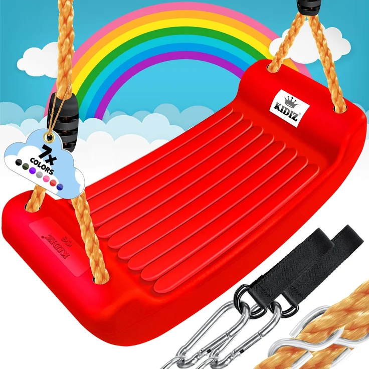 KIDIZ® Schaukel Kinderschaukel Set - Ink. Zubehör Schaukelsitz Schaukelbrett Garten Outdoor Indoor Brettschaukel für Kinder zum Schaukeln aus Kunststoff Höhenverstellbar Rutschfest Rot