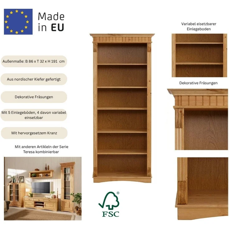 Home affaire Regal Teresa, Standregal, Bücherregal, aus massiver Kiefer, Breite 86 cm, Höhe 193 cm, FSC® – Bild 2