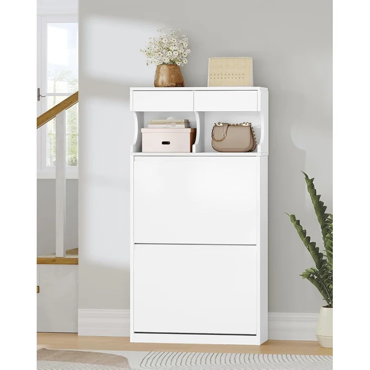Schuhschrank, Schuhregal Schuhkipper Schmal, Verstellbar, Schuhkommode für Eingang, Flur, Garderobe, 12 Paar, 2 Klappen (60B cm), Weiß – Bild 6