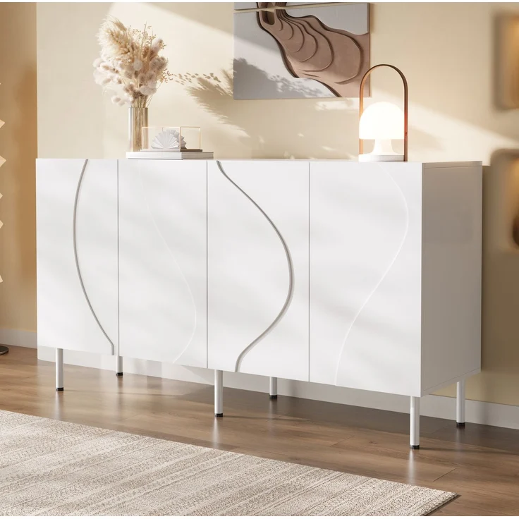 DESVIAE Sideboard mit 4 Türen und Push-to-Open 140x77,5x40 cm aus MDF und Spanplatte Weiß – Bild 4