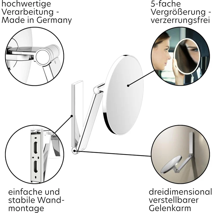 Keuco Kosmetikspiegel iLook_move (Wandmontage, modern), mit Schwenkarm und Drehgelenk, 5-facher Vergrößerung, 20x20cm, chrom – Bild 5