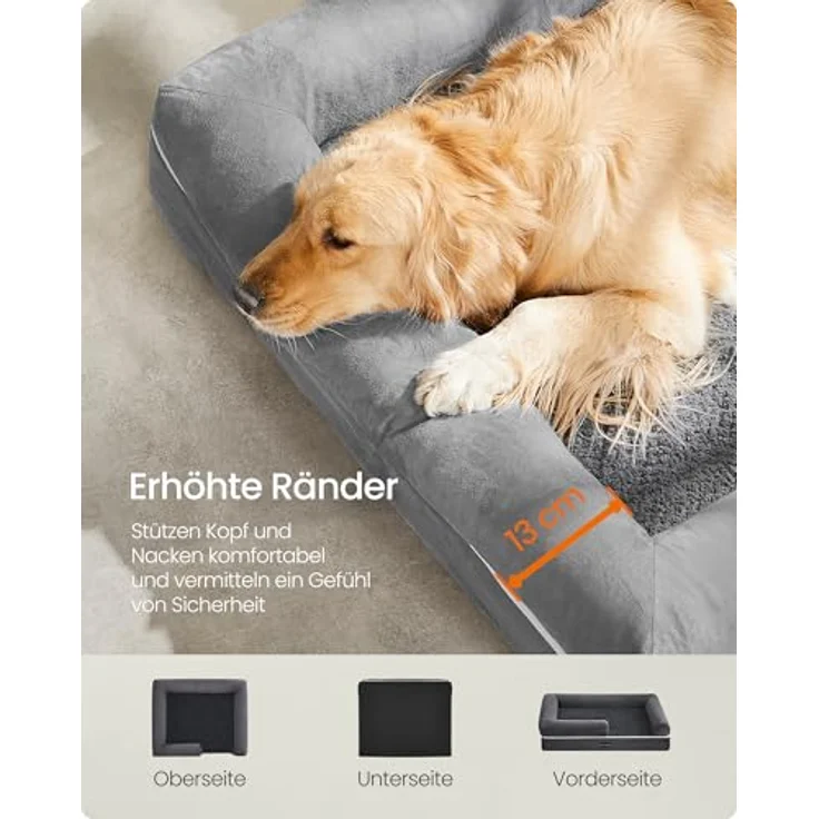 Feandrea Orthopädisches Hundebett, Hundekissen, Hundekorb, weiche Polsterung, Hundesofa, erhöhte Ränder, Bezug abnehmbar und waschbar, 112 x 86 x 18 cm, rutschfeste Unterseite, hellgrau PGW068G02V1 – Bild 5