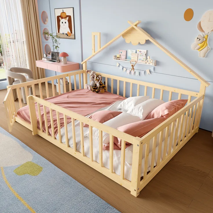 Flachbett Kinderbett Hausleiste Geländer mit Schloss Kiefernholz Natur 140 x 190 cm