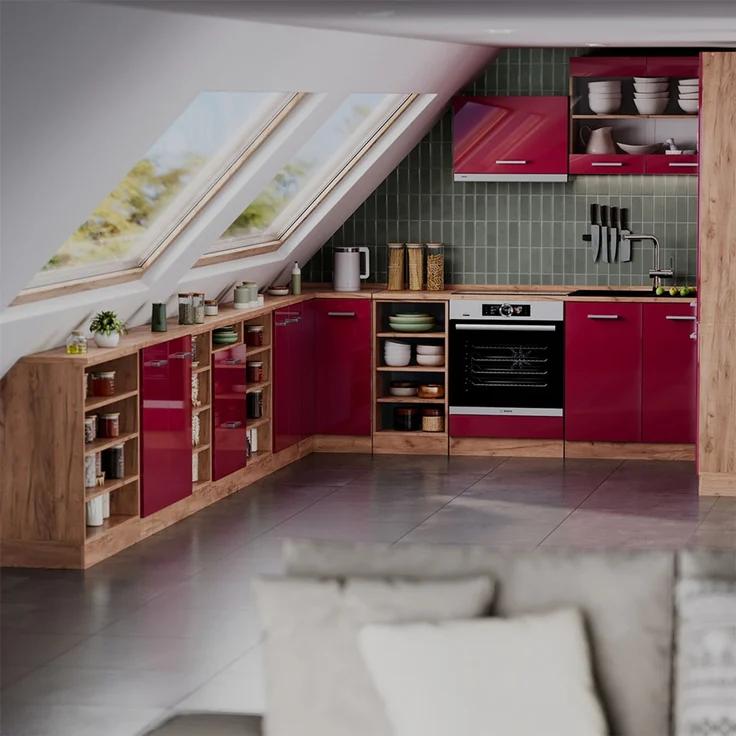 Küchenschrank für Dachschrägen R-Line Rot Hochglanz 140 cm 2er Set Schrankkorpuss 60 cm Tiefe Vicco – Bild 6