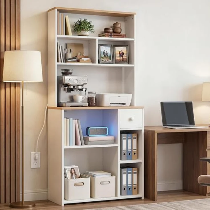 YITAHOME küchenregal mit Steckdose, 2 AC-Steckdosen, 2 USB-Anschlüssen, kaffeebar arbeitsplatte, Regal küche mit schubladen,schmales Regal 75 cm breit, Mikrowellenregal, 75 x 40 x 170 cm, Eiche und Weiß – Bild 4