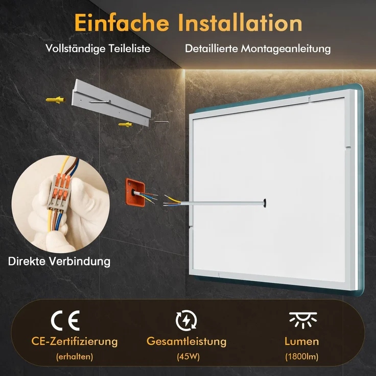 GIMBELEN LED Badezimmerspiegel 80x60 cm, beleuchteter Wandspiegel mit Hintergrundbeleuchtung, 3 Lichtfarben, dimmbar, Anti-Beschlag, Memory-Funktion, IP44, horizontal/vertikal montierbar, Schwarz – Bild 4