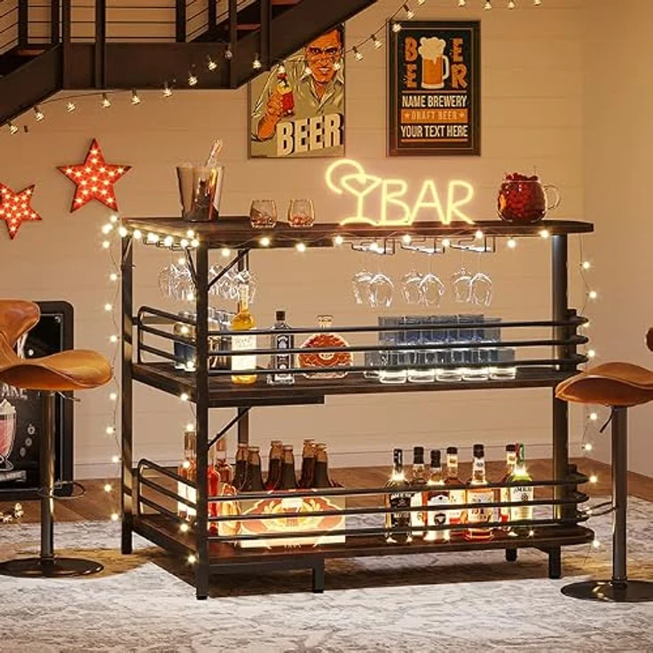LITTLE TREE L-förmige Bar mit 3 Etagen, Likör-Bartisch, Eck-Wein-Barschrank, Mini-Bars für Zuhause, Küche, Pub, rustikales Braun – Bild 2